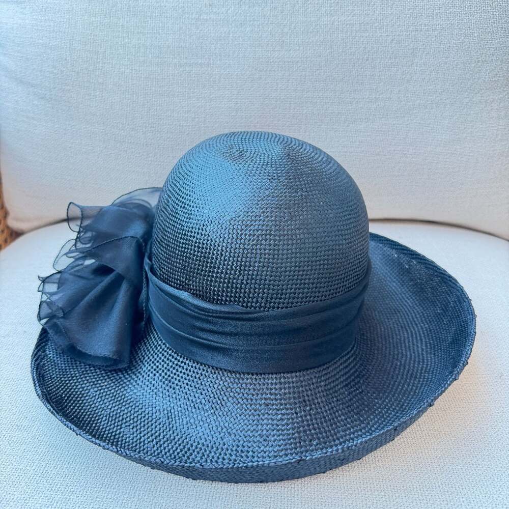 Vintage Morgan Taylor Made in Italy Black Wide Brim Hat Satin Bow Women’s